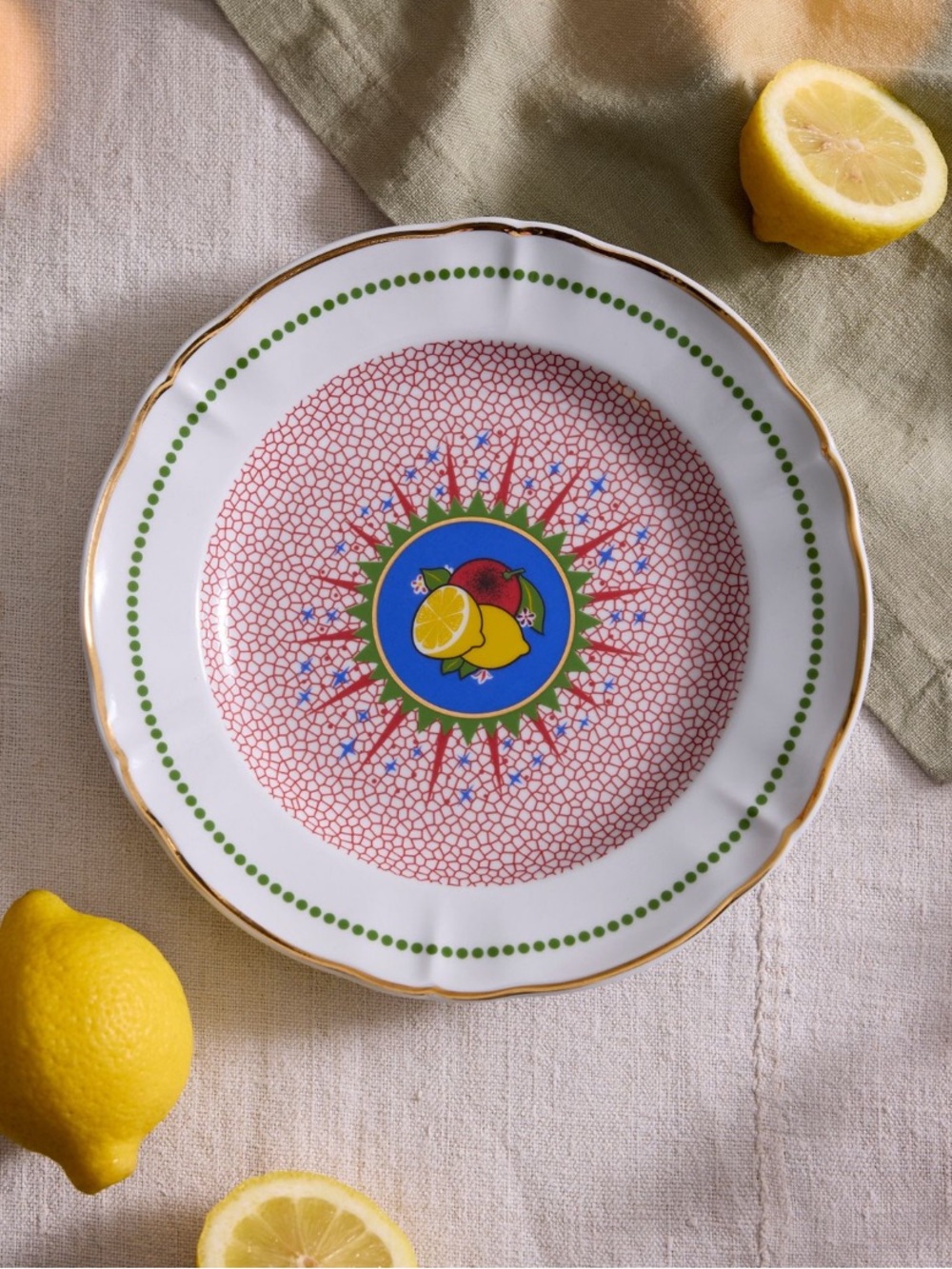 Anthropologie 24K Gold trim Lemon Medallion Salad Plate w pop art mosaic details